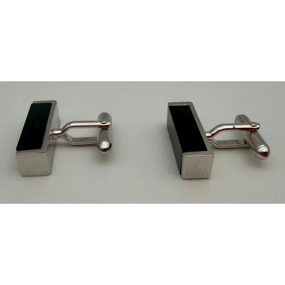 Vintage Swank Mens Silver Tone Black Onyx Rectangular Bar Cufflinks Mid Century